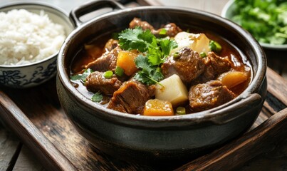 A bowl of beef stew with carrots and potatoes sits on a wooden table
