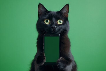 Black cat holding smartphone with green screen on green background