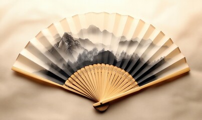 A fan with mountains on it is on a white background