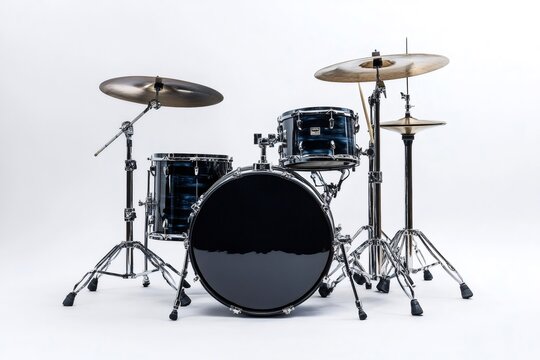 Blue drum set standing on white background in studio
