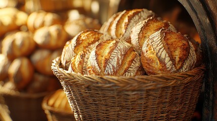 Artisan breads in a basket at market, warm, golden light, rustic, bakery background