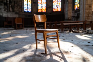 This image captures a solitary wooden chair bathed in colored light, surrounded by neglect in a beautiful old church with stunning stained-glass windows.