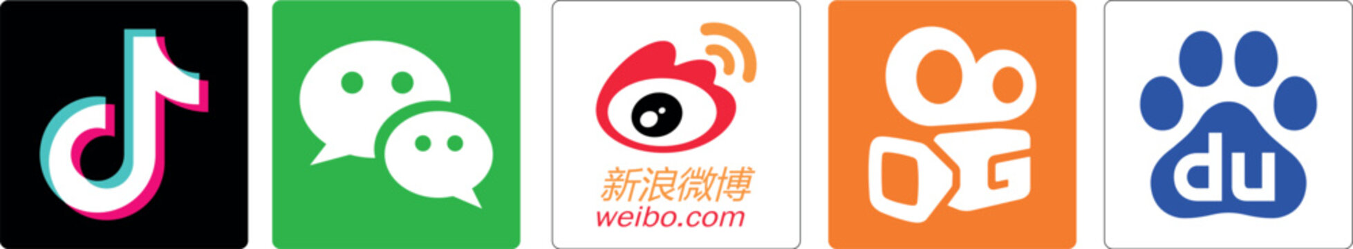 Set of logos: WeChat, Weibo.com, Kwai/Kuaishou, TikTok, Baidu. Represents Chinese digital platforms, social media, search, video.