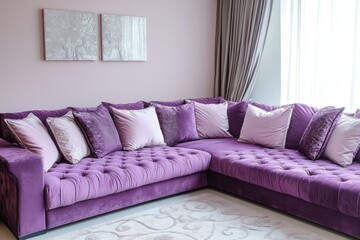 Fototapeta premium Contemporary Living Room with Purple Accents: Stylish Sofa Against Soft Pink Backdrop and Chic Home Decor