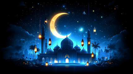 Night Mosque Scene with Crescent Moon