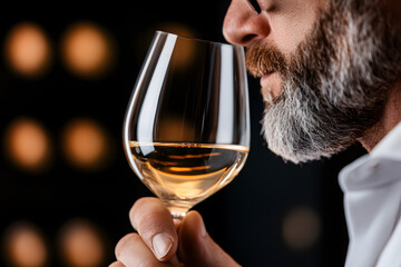 Sommelier Savoring Aroma: Person delicately appraises a glass of white wine, capturing the essence of wine tasting and sensory appreciation.