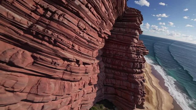 Dramatic red sandstone cliffs rising against turquoise ocean waters at gantheaume point, revealing rugged western australian coastal landscape and striking geological contrasts