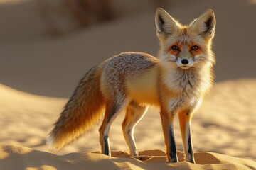 Fototapeta premium Desert Fox's Portrait: A magnificent fox stands proudly in the vast, sun-drenched desert, its striking features and alert gaze captured in a moment of untamed elegance. 