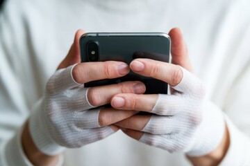 Fototapeta premium A person's hands, wrapped in white tape, hold a smartphone, focusing on the device's screen.