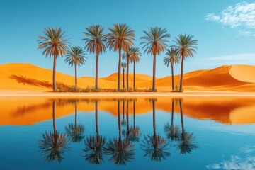 Obraz premium Oasis of Serenity: Palm trees stand tall beside tranquil water, reflecting against a backdrop of mesmerizing golden sand dunes under a vibrant, cloudless azure sky.