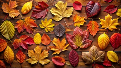 Fototapeta premium Autumnal Leaves Arranged on Rustic Wooden Surface, Displaying a Vibrant Spectrum of Colors and Textures