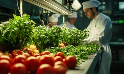 Chefs preparing fresh vegetables in professional kitchen.