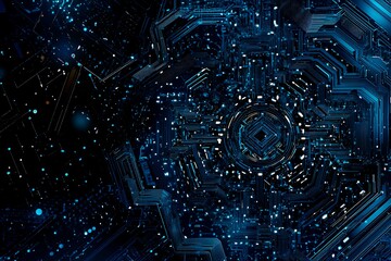 Abstract close-up of a glowing blue digital circuit board, showcasing intricate connections and technological design on a black background.
