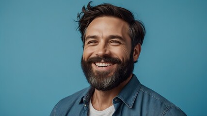 Obraz premium Portrait of a happy man laughing and looking against blue background.
