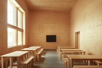 Minimalistic wooden classroom with simple furniture and natural light. AI generated illustration.