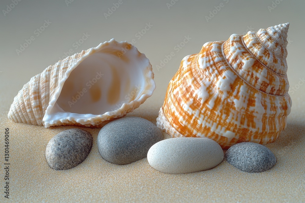 Poster seashells and pebbles: a serene composition of two intricately textured seashells and smooth, rounde