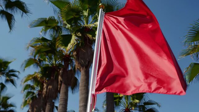 Bright red flags waving near palm trees, contrasting azure background with energetic motion, capturing tropical environment