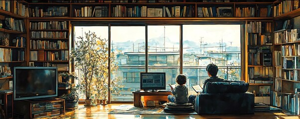 Soft watercolor family engaging hybrid learning blending warm home elements like screens and books creating an inclusive and comforting theme with room for messages