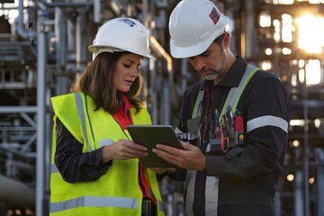 Woman and man in safety gear examining tablet at industrial site. Diverse engineering team reviewing data on construction project. Teamwork in manufacturing