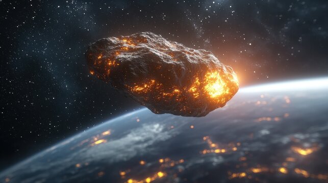 Asteroid Gliding over Planet Earth in Starry Outer Space, Earth City Lights - Powered by Adobe