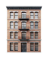 Fototapeta premium Classic red brick building with detailed balconies in an urban setting designed for architectural inspiration and creative projects, cut out