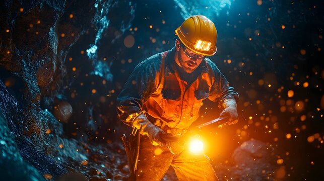 Worker in orange uniform and yellow helmet explores dark cave with bright light. Underground mining or construction. Dangerous job concept with dramatic lighting