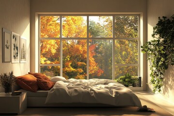 Modern bedroom with natural light and minimalist design. AI generated illustration.
