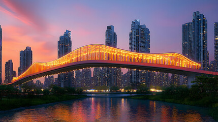 Fototapeta premium Illuminated Pedestrian Bridge Over River at Sunset