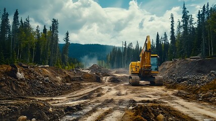 Yellow excavator clearing forest road in rugged mountainous terrain. Heavy machinery for construction and land development. Industrial equipment in nature landscape