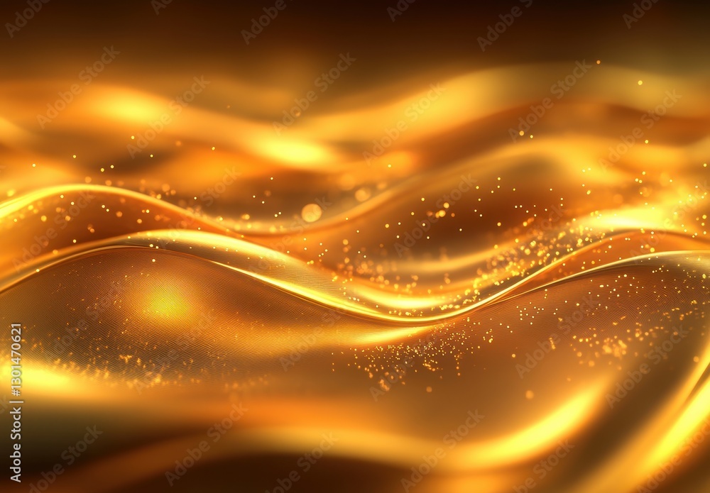 Poster shimmering waves of golden liquid with sparkling light effects, dynamic abstract background for crea