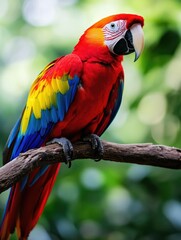 Fototapeta premium Vibrant Scarlet Macaw: A Tropical Parrot Showcasing Brilliant Plumage in the Wild