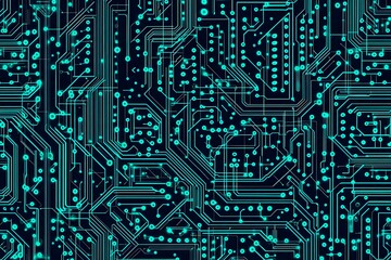 Abstract close-up of a glowing blue digital circuit board, showcasing intricate connections and technological design on a black background.
