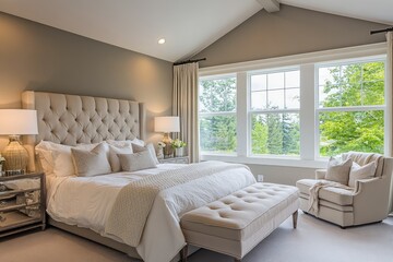 Modern bedroom with natural light and minimalist design. AI generated illustration.