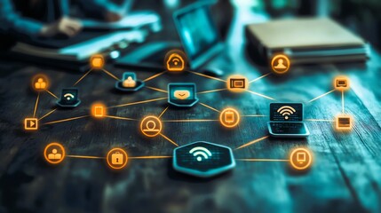 Surrounded digital icons like WiFi signals and books a vibrant isometric scene shows diverse students learning from laptops emphasizing global connectivity in education