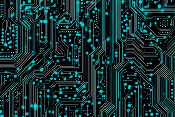 Abstract close-up of a glowing blue digital circuit board, showcasing intricate connections and technological design on a black background.

