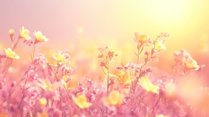 Fototapeta premium Dreamy Pink Hues: A Serene Field of Rapeseed in Soft Sunlight