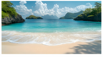 Pristine beach, turquoise water, lush islands, sunny day