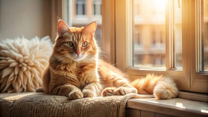 Golden feline companion basking in sunlight by a window, a fluffy texture beside it.