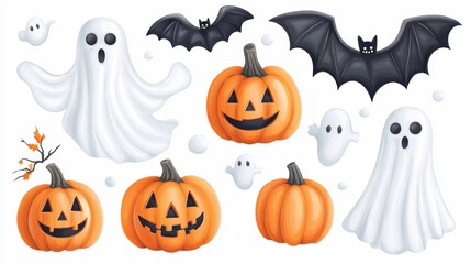 Whimsical Halloween Watercolor Illustration with Pumpkins and Ghosts