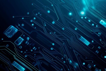 Fototapeta premium Abstract close-up of a glowing blue digital circuit board, showcasing intricate connections and technological design on a black background. 