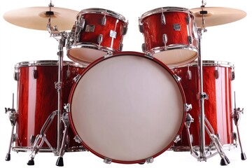 Red drum set isolated on white background waiting for drummer
