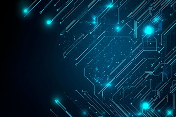 Abstract close-up of a glowing blue digital circuit board, showcasing intricate connections and technological design on a black background.
