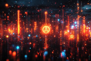 Obraz premium Peace signs books unity icons pop off a blackboard in a 3D digital representing multicultural education and leaving room for impactful messages