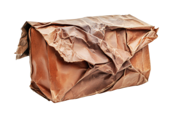 Crumpled brown paper parcel ready for shipping or gifting during festive occasions and events, cut out