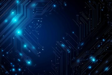 Abstract close-up of a glowing blue digital circuit board, showcasing intricate connections and technological design on a black background.
