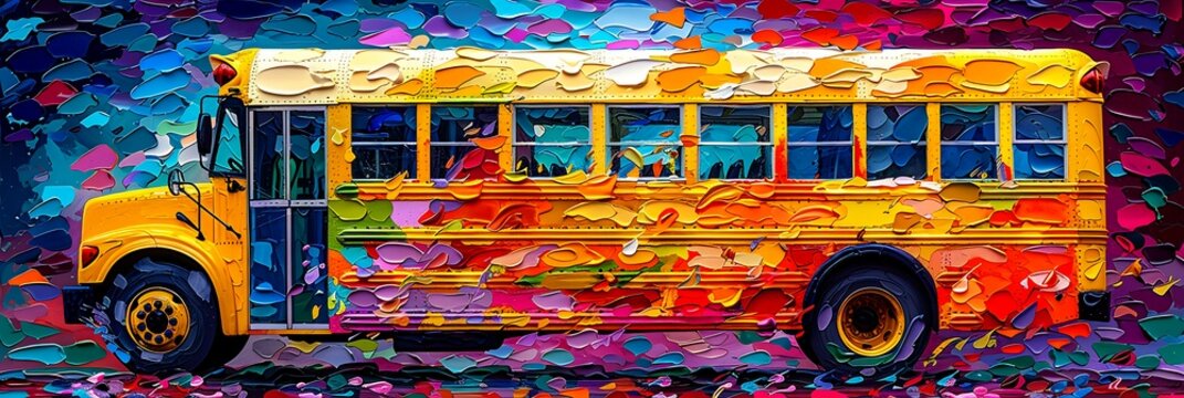 Swirling brushstroke design of school bus with bold yellows and oranges representing movement and joy with open areas for messaging or quotes