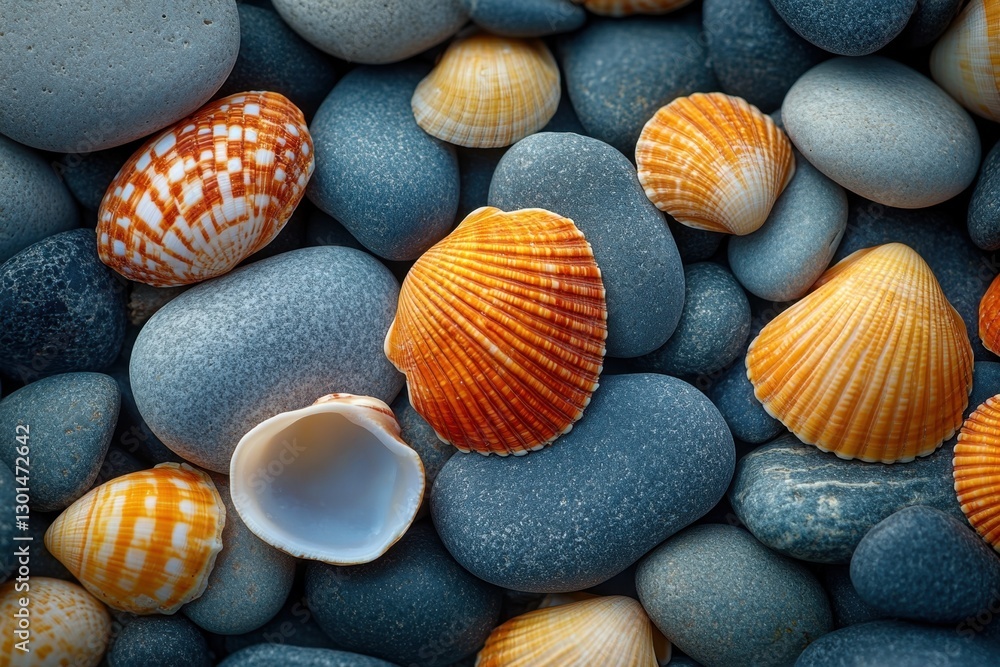 Poster coastal treasures: a close-up view of smooth, gray pebbles intertwined with an assortment of colorfu