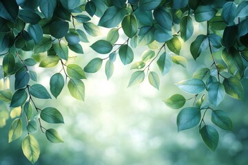 Fototapeta premium Nature's Embrace: Lush green leaves form a natural frame, inviting the viewer to gaze upon a bright, sun-dappled opening that whispers of serenity and growth