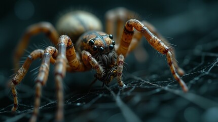 Close-up of a spider on a dark surface.