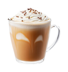 Creamy coffee with whipped topping and chocolate sprinkles served in a glass cup for a delightful beverage experience, cut out
